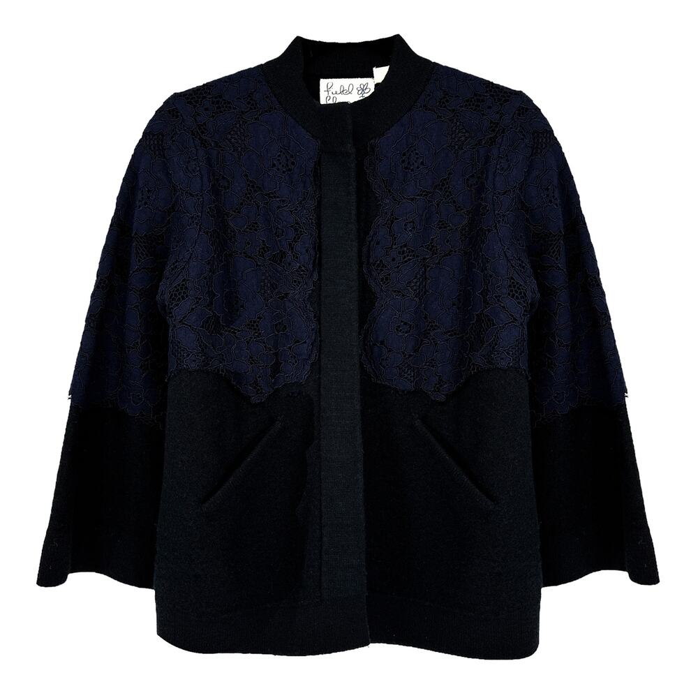ANTHROPOLOGIE Field Flower Lace Bell Sleeve Sweater Jacket Black & Navy XS